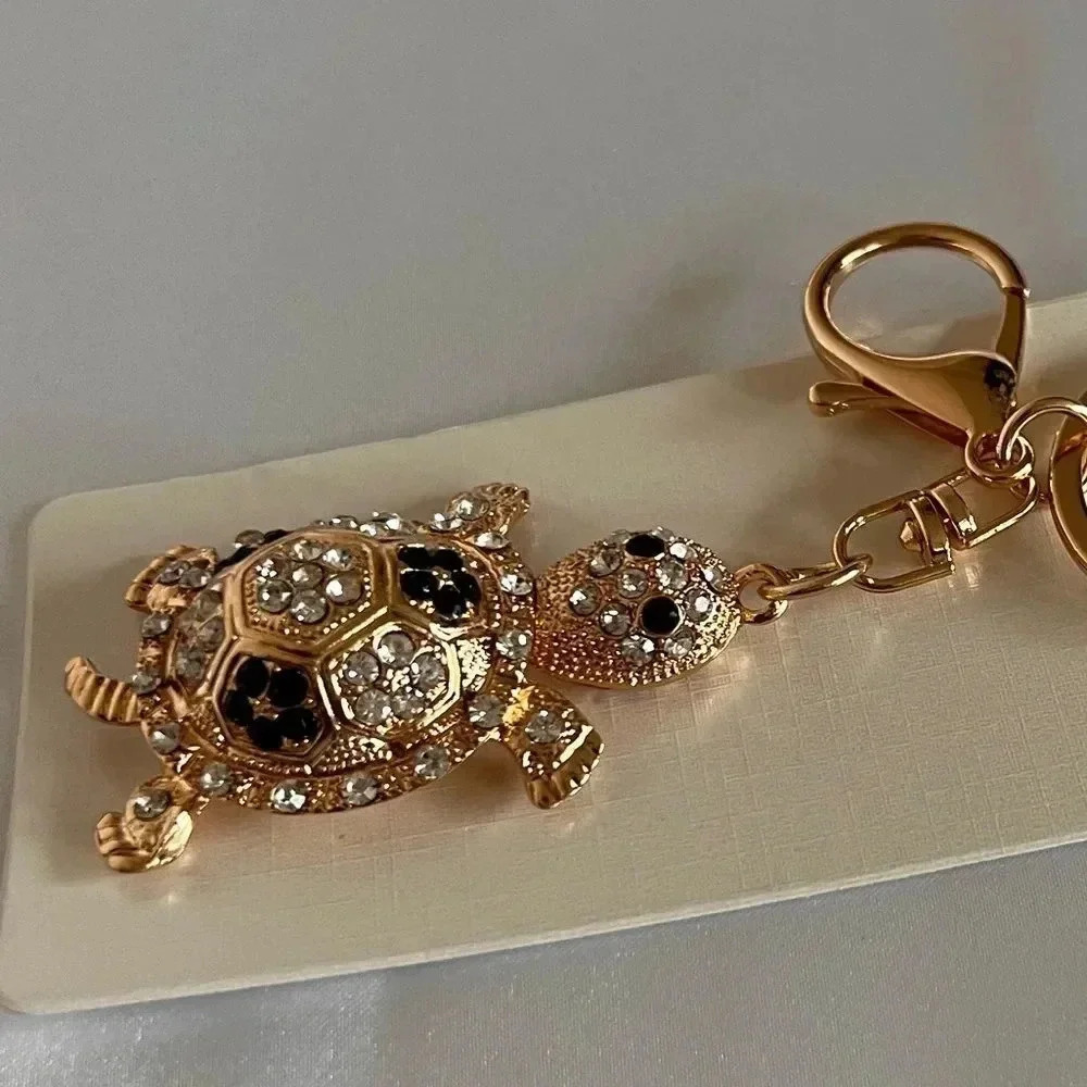 Turtle Key Chain Or Bag Charm Black/White Crystal Rhinestone Gold Tone Hardware - Picture 4 of 6